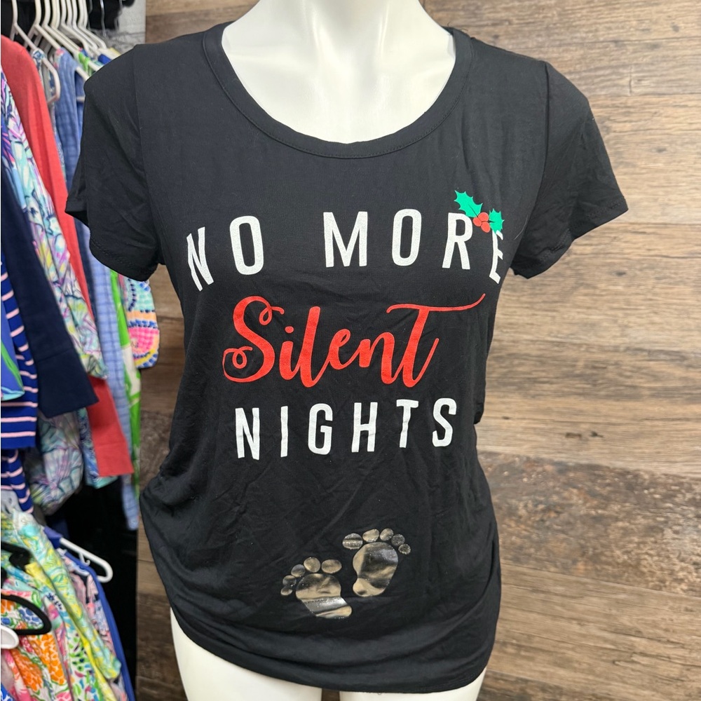 Festive Black Graphic Maternity Christmas Tee - No More Silent Nights
